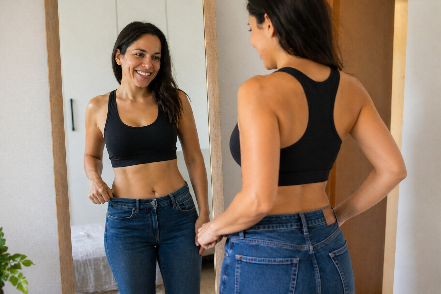 Pessoa segurando calça jeans que voltou a servir após emagrecer