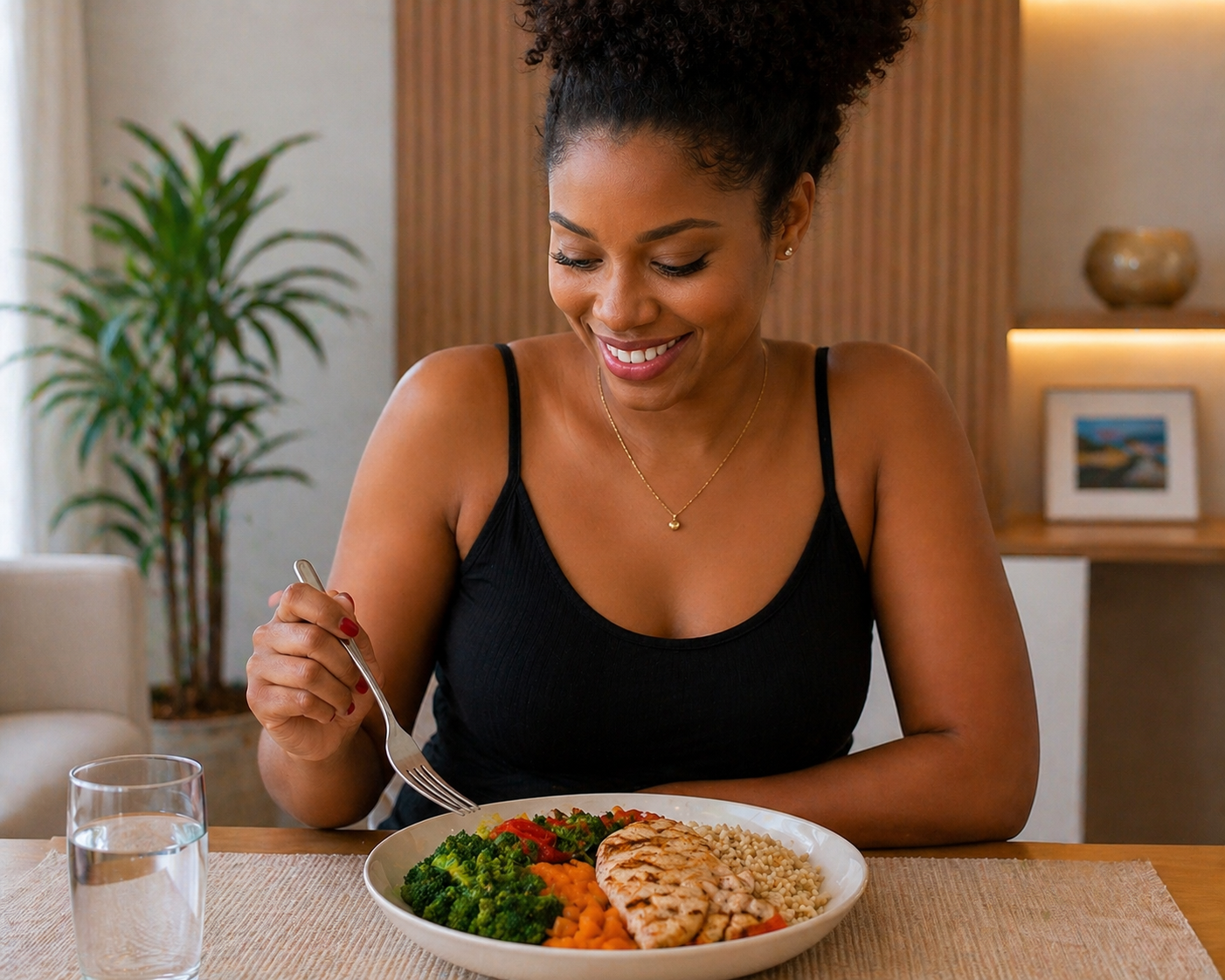 Pessoa usando celular para receber receita fit com ingredientes na mesa